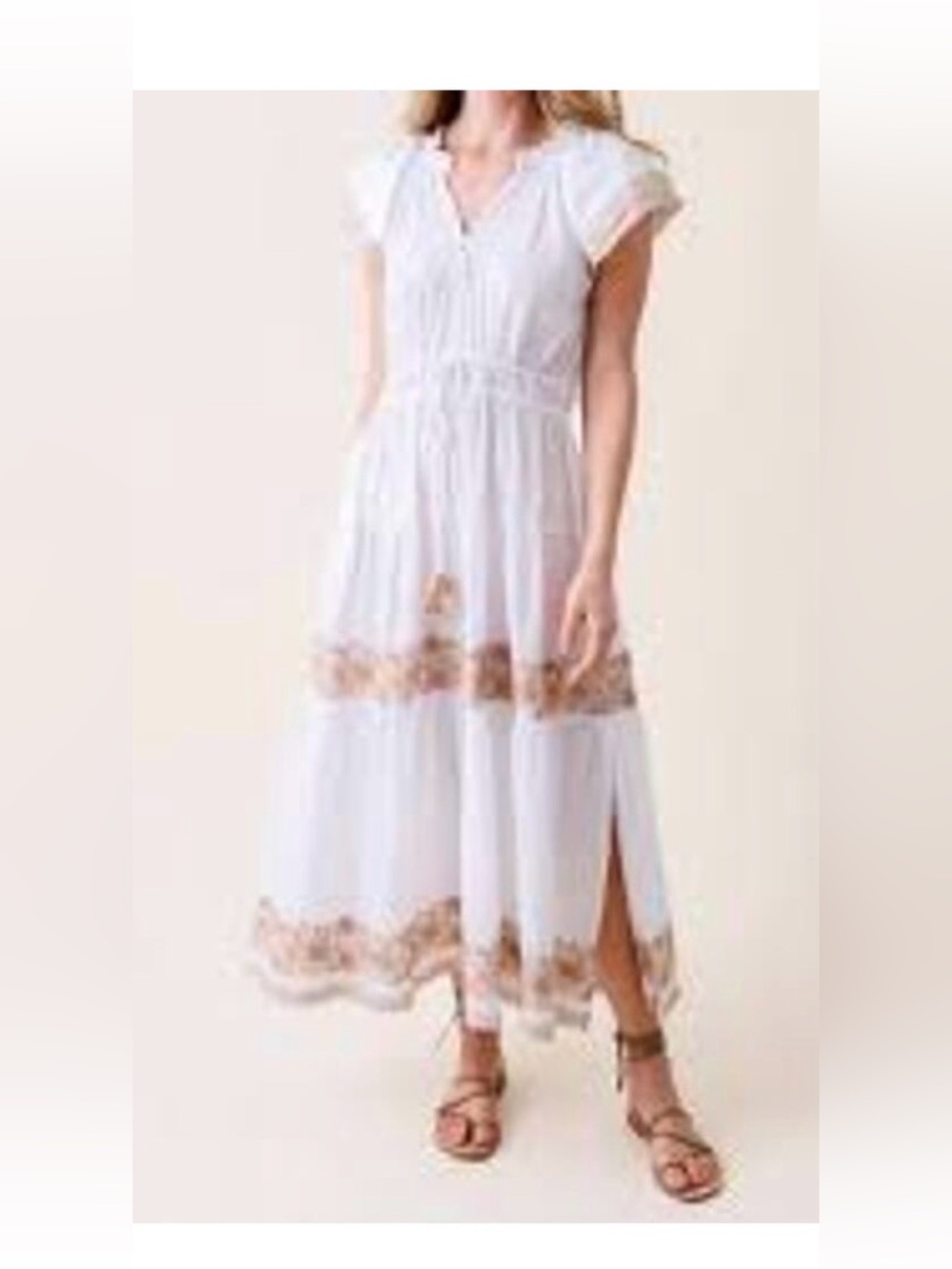 OMIKA Corinna White Maxi Dress with Tan Embroidered Trim size Medium EUC